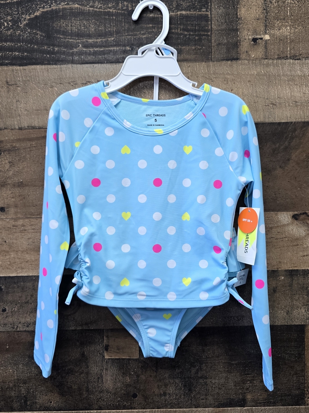 Epic Threads Girls' Blue Polka Dot Long-Sleeve Rash Guard Swim Set Size 5